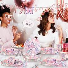 10 Stücke Schmetterlingsmuster Pappteller, Becher, Servietten, Einwegteller, Party Teller Kuchen Dessert Teller, Geschirr-Set Zubehör für Hochzeit, Alltag, Abendessen, Geburtstag, Ferien, Picknick, Abschluss Rosa - Verschiedenfarbig - Übersicht 10