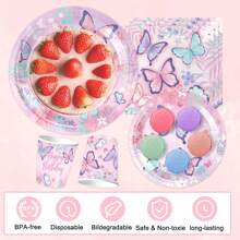 10 Stücke Schmetterlingsmuster Pappteller, Becher, Servietten, Einwegteller, Party Teller Kuchen Dessert Teller, Geschirr-Set Zubehör für Hochzeit, Alltag, Abendessen, Geburtstag, Ferien, Picknick, Abschluss Rosa - Verschiedenfarbig - Übersicht 7