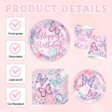 10 Stücke Schmetterlingsmuster Pappteller, Becher, Servietten, Einwegteller, Party Teller Kuchen Dessert Teller, Geschirr-Set Zubehör für Hochzeit, Alltag, Abendessen, Geburtstag, Ferien, Picknick, Abschluss Rosa - Verschiedenfarbig - Übersicht 6