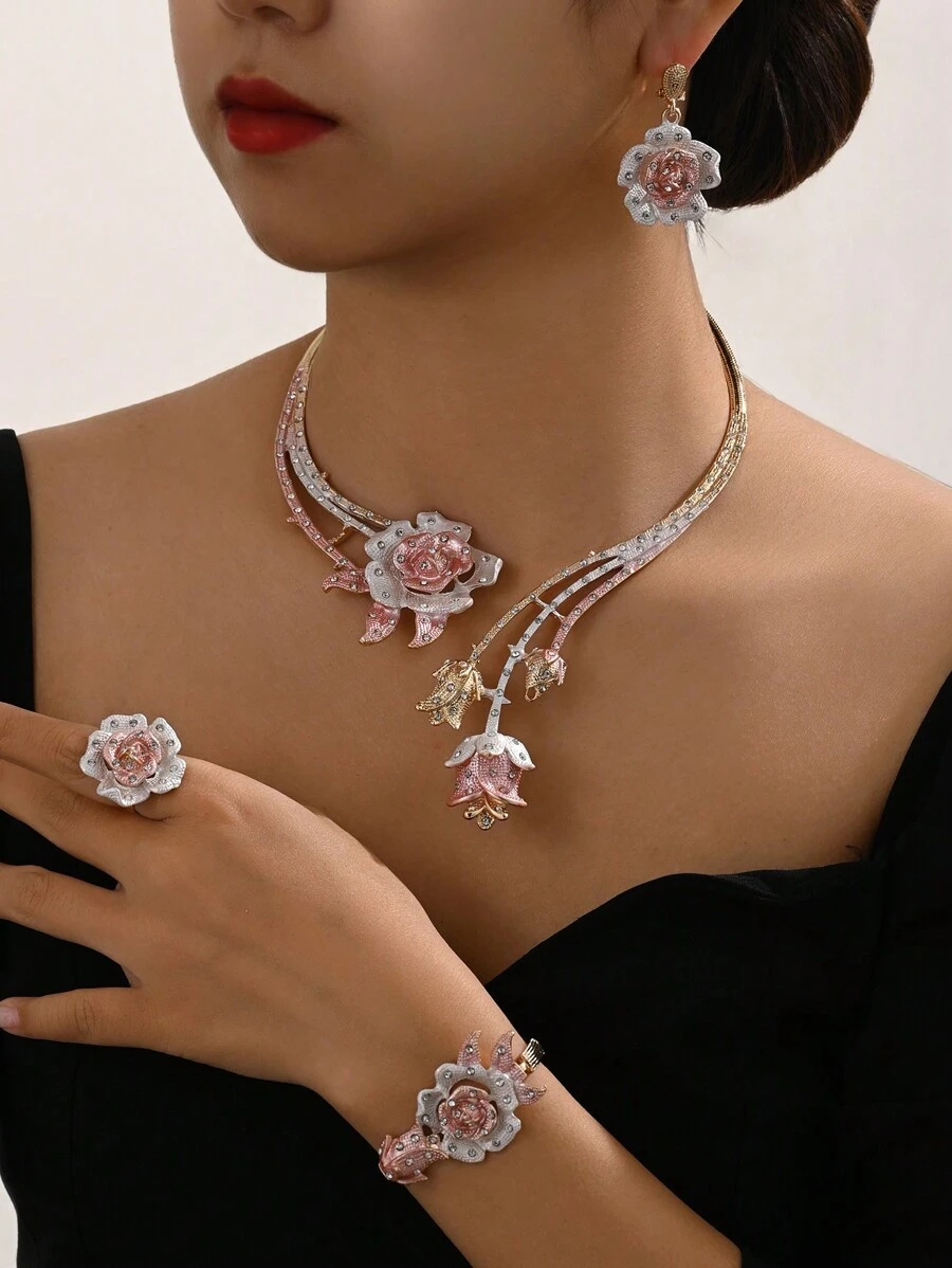 5pcs/Set Elegant Rose Jewelry Set For Valentine's Day 2025, Including Necklace, Bracelet, Ring & Earrings With Gems, Gifts For Her