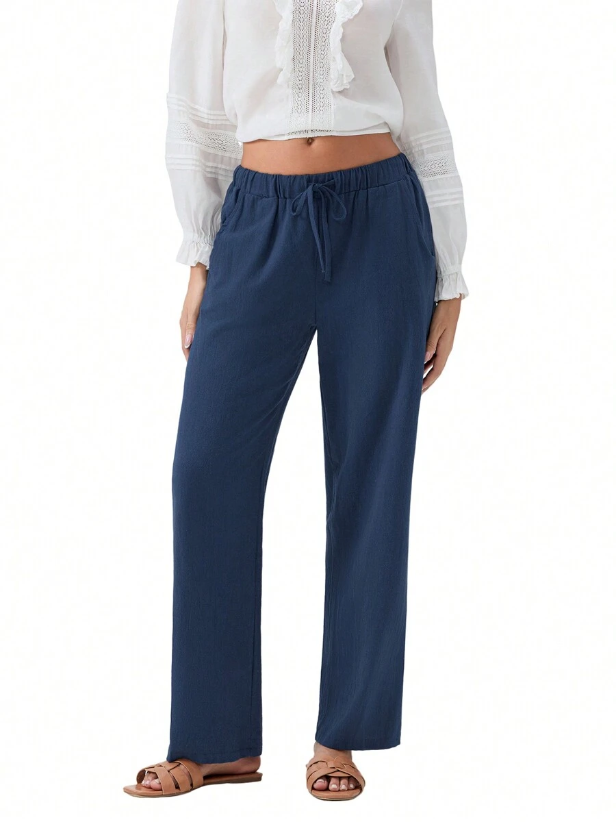 Women Loose Linen Pants Solid Color Drawstring High Waist Trousers With Pockets For Spring Summer - Navy Blue - View 1