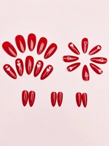 情人节指甲 24 片红白心形光泽短/中长假指甲，优雅情人节指甲贴纸带水滴装饰按压指甲美甲用品指甲 - 紅白色 - 查看 3
