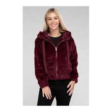 Fluffy Zip-Up Teddy Hoodie - Burgundy - View 9