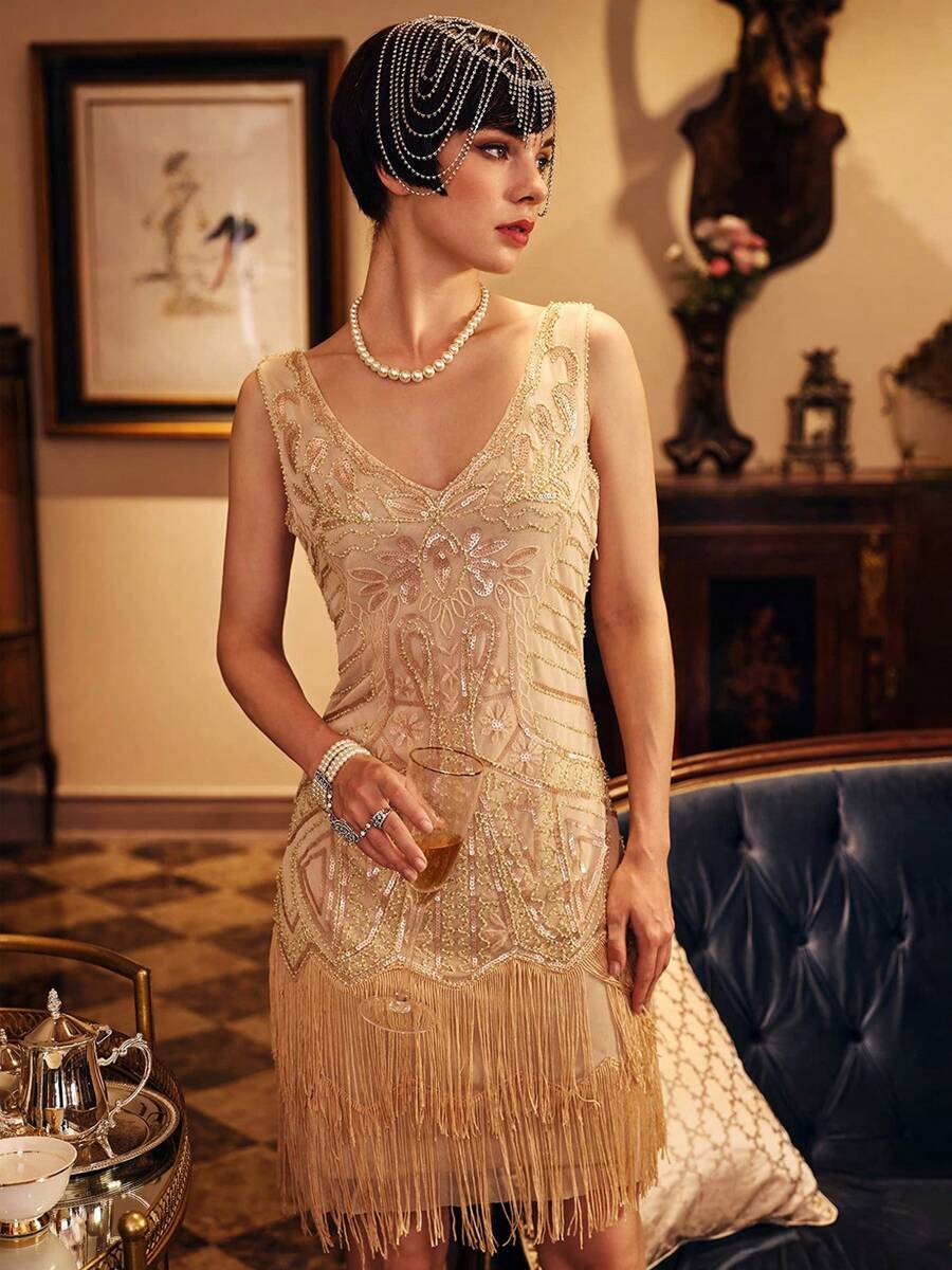 BABEYOND Women's Flapper Dresses 1920s V Neck Beaded Fringed Great Gatsby Dress - 米色 - 查看 1
