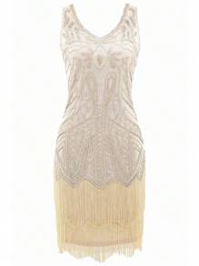 BABEYOND Women's Flapper Dresses 1920s V Neck Beaded Fringed Great Gatsby Dress - 米色 - 查看 4
