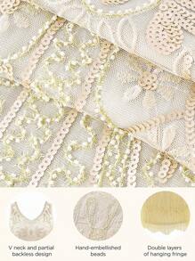 BABEYOND Women's Flapper Dresses 1920s V Neck Beaded Fringed Great Gatsby Dress - 米色 - 查看 3