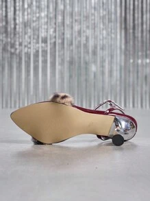 Women Sexy Ankle Strap Mirror Stilettos, Leopard Fur Decorated, Suitable For Nightclub, Party, Outdoor, Special Occasions, Halloween, Mardi Gras. Elegant Wine Red High Heels Sandals For Spring And Summer