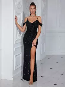 ADYCE Women's Sequin Spaghetti Strap High Slit Bodycon Formal Gown Dress For Prom Party Cocktail Eveningwear - Black - View 1