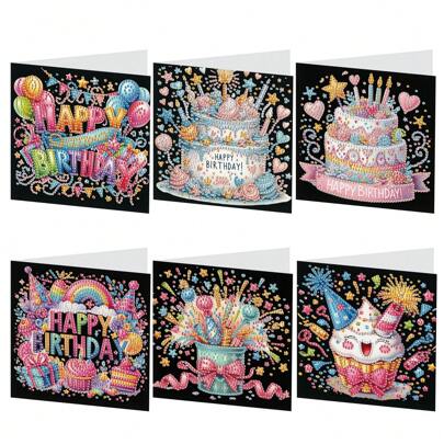 6pcs 5D Diamond Painting Greeting Card Kits, Laser Effect Diamond Art Birthday Cards Special Shaped Diamond Art Postcards Crafts For Birthday Holiday (30x15cm)
