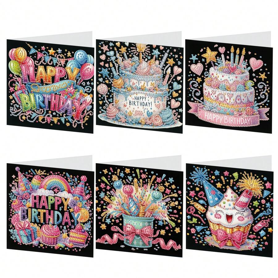 Set de 6 tarjetas de saludos con pintura de diamantes 5D, tarjetas de cumpleaños con efecto láser de arte de diamantes con formas especiales, manualidades de postales de arte de diamantes para cumpleaños y días festivos (30x15cm) - Feliz cumpleaños - Ver 1