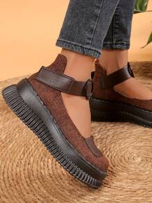 Spring High Heel Low Vamp Platform Shoes, Thick Sole Retro Casual Mary Jane Design Women's Shoes - Brown - View 5