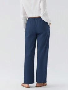 Women Loose Linen Pants Solid Color Drawstring High Waist Trousers With Pockets For Spring Summer - Navy Blue - View 8