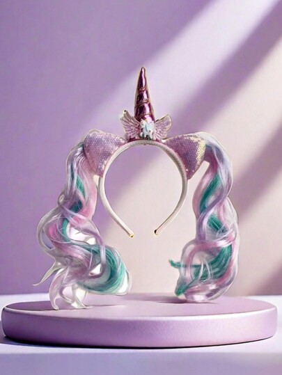 1 pieza Diadema con peluca de unicornio brillante para niños - Accesorio de cabello de poni de dibujos animados adorable, esencial para vacaciones, decoración de cumpleaños, accesorio de cabello para niñas para fiestas de cumpleaños y festivales