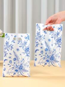 10/25/50件优雅蓝白花卉图案带手柄礼品袋，礼品包装袋，花卉主题派对装饰，生日快乐派对礼品，婚礼婴儿送礼会用品，精品店用品，购物袋 - 藍花紋 - 查看 2
