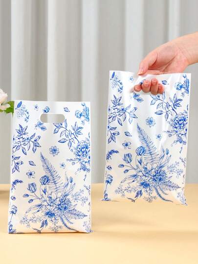 10/25/50件优雅蓝白花卉图案带手柄礼品袋，礼品包装袋，花卉主题派对装饰，生日快乐派对礼品，婚礼婴儿送礼会用品，精品店用品，购物袋