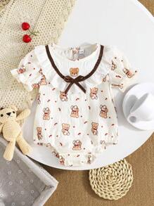 Babymeisje Baby Beer Bedrukt Korte Mouw Snap On Wikkel Rond Driehoek Romper Met Vlinder Ruffle Kraag, Gemakkelijk Aan En Uit