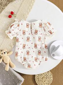 Babymeisje Baby Beer Bedrukt Korte Mouw Snap On Wikkel Rond Driehoek Romper Met Vlinder Ruffle Kraag, Gemakkelijk Aan En Uit