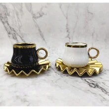 Set de 1 (2 piezas) Taza y platillo de cerámica para café/té, con acabado electrolítico en oro, blanco, negro, rojo, verde oscuro, con patrón de pliegues geométricos, pintados a mano, capacidad de 100ml, adecuados para café, té, agua, de vuelta a la escuela - Multicolor - Ver 1