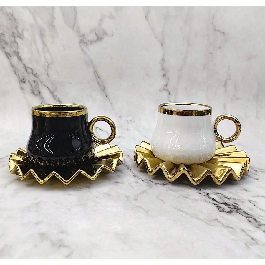 Set de 1 (2 piezas) Taza y platillo de cerámica para café/té, con acabado electrolítico en oro, blanco, negro, rojo, verde oscuro, con patrón de pliegues geométricos, pintados a mano, capacidad de 100ml, adecuados para café, té, agua, de vuelta a la escuela - Multicolor - Ver 1