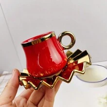 Set de 1 (2 piezas) Taza y platillo de cerámica para café/té, con acabado electrolítico en oro, blanco, negro, rojo, verde oscuro, con patrón de pliegues geométricos, pintados a mano, capacidad de 100ml, adecuados para café, té, agua, de vuelta a la escuela - Multicolor - Ver 8