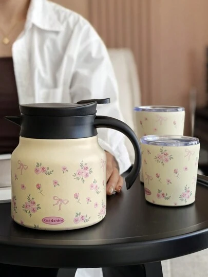 1 件 800 毫升粉色蝴蝶和小碎花图案双层不锈钢保温咖啡/茶壶，适用于办公室、餐厅、户外、学校、圣诞节、情人节、母亲节、返校、生日礼物水瓶返校