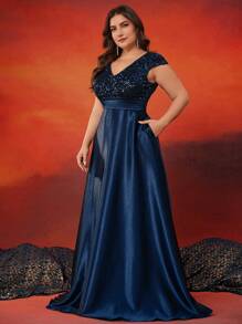 XUIBOL Plus Size Women Elegant Sequins Patchwork Satin V-Neck Maxi Dress With Pockets, Luxurious Formal Evening Gown Suitable For Parties And Balls (Embellished), Party Dress, Wedding Guest Dress