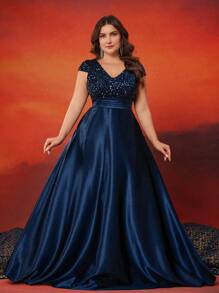 XUIBOL Plus Size Women Elegant Sequins Patchwork Satin V-Neck Maxi Dress With Pockets, Luxurious Formal Evening Gown Suitable For Parties And Balls (Embellished), Party Dress, Wedding Guest Dress