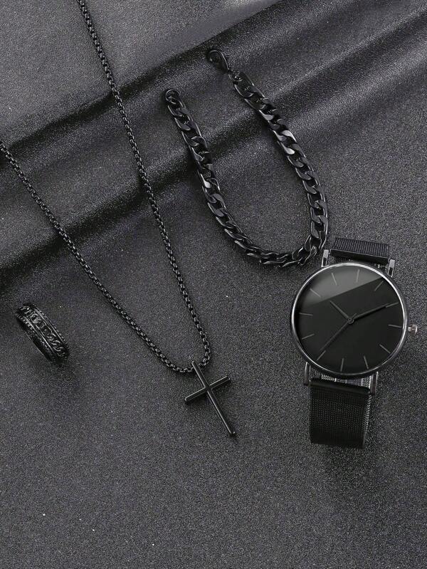 4 件套男士休闲商务手表、吊坠项链、手链和戒指、运动