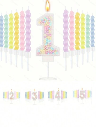 Nến sinh nhật Macaron Lấp lánh 3D Nến số với 12 chiếc Nến xoắn ốc cầu vồng trong giá đỡ cho Topper bánh cưới Kỷ niệm ngày cưới Chủ đề ngọt ngào Pastel Trang trí tiệc