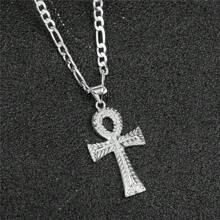 dollrinboy 1 pieza Colgante de collar de cruz Ankh de tono dorado y plateado de acero inoxidable de 14K para mujeres y hombres, con cadena Figaro plana de 3mm, collar de cruz egipcia