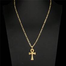 dollrinboy 1 pieza Colgante de collar de cruz Ankh de tono dorado y plateado de acero inoxidable de 14K para mujeres y hombres, con cadena Figaro plana de 3mm, collar de cruz egipcia