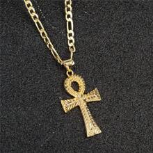 dollrinboy 1 pieza Colgante de collar de cruz Ankh de tono dorado y plateado de acero inoxidable de 14K para mujeres y hombres, con cadena Figaro plana de 3mm, collar de cruz egipcia