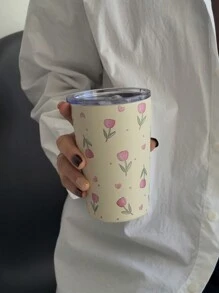 1 pezzo Teiera in acciaio inossidabile con doppia parete, da 800ml, con motivo a tulipani rosa, adatta per ufficio, ristorante, all'aperto, scuola ecc. Ottimo regalo per Natale, San Valentino, Festa della mamma, Ritorno a scuola