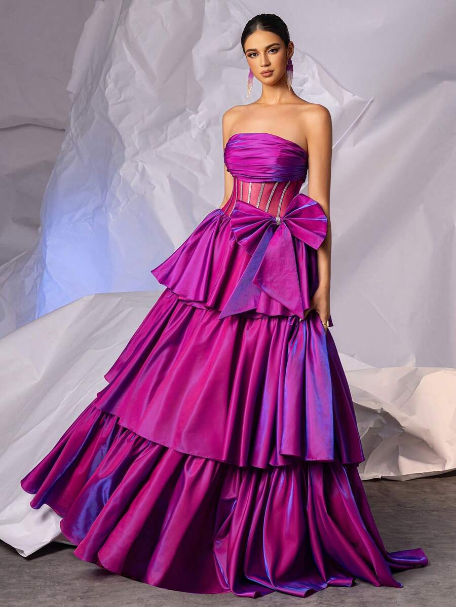 Strapless Bow Formal Prom Gowns With Multi-Layer Puffy Hem Long Crystal Sparkly Evening Gowns For Women, Lace Up Back Homecoming Party Dress Wedding Guest Dress