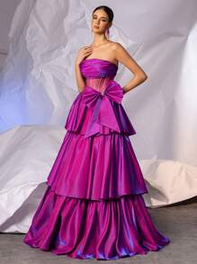 Strapless Bow Formal Prom Gowns With Multi-Layer Puffy Hem Long Crystal Sparkly Evening Gowns For Women, Lace Up Back Homecoming Party Dress Wedding Guest Dress