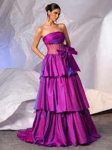 Strapless Bow Formal Prom Gowns With Multi-Layer Puffy Hem Long Crystal Sparkly Evening Gowns For Women, Lace Up Back Homecoming Party Dress Wedding Guest Dress