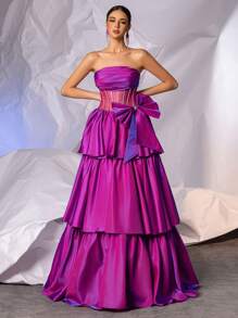 Strapless Bow Formal Prom Gowns With Multi-Layer Puffy Hem Long Crystal Sparkly Evening Gowns For Women, Lace Up Back Homecoming Party Dress Wedding Guest Dress