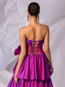 Strapless Bow Formal Prom Gowns With Multi-Layer Puffy Hem Long Crystal Sparkly Evening Gowns For Women, Lace Up Back Homecoming Party Dress Wedding Guest Dress