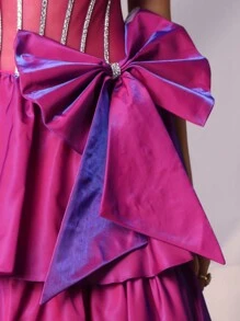 Strapless Bow Formal Prom Gowns With Multi-Layer Puffy Hem Long Crystal Sparkly Evening Gowns For Women, Lace Up Back Homecoming Party Dress Wedding Guest Dress