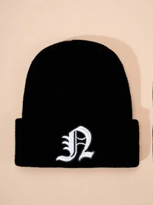 1 件哥特式刺绣 26 个英文字母儿童针织帽，男孩/女孩户外保暖休闲无檐小便帽，适合日常穿着，冬季服装 - 黑色 - 查看 60