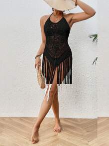 Women's Summer Beach Cover Up Tops Sleeveless Halter Neck Tassel Floral Crochet Bikini Tops - Black - View 4