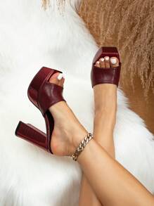Women's New High Platform Stylish Open Toe Chunky Heeled Sandals, Wine Red