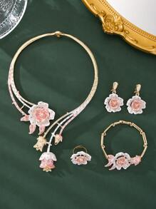 5pcs/Set Elegant Rose Jewelry Set For Valentine's Day 2025, Including Necklace, Bracelet, Ring & Earrings With Gems, Gifts For Her