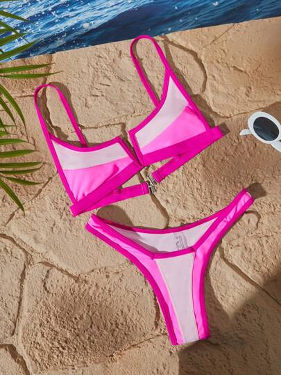 Women's Contrast Color Spaghetti Strap Top And High-Cut Bottom Sports Bikini Set, For Summer Beach Vacation