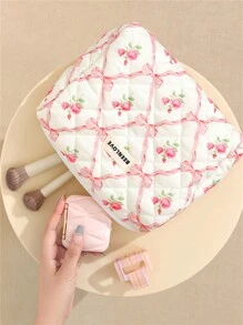 1 件/套蝴蝶结和玫瑰设计绗缝化妆包，时尚便携式化妆包，多功能化妆品收纳手提包，带拉链的化妆品刷手拿包，大容量洗漱旅行包，轻盈蓬松填充洗漱包周年纪念夏季旅行，度假居家浴室装饰节日化妆品收纳浴室配件返校 - 粉紅色碎花 - 查看 8