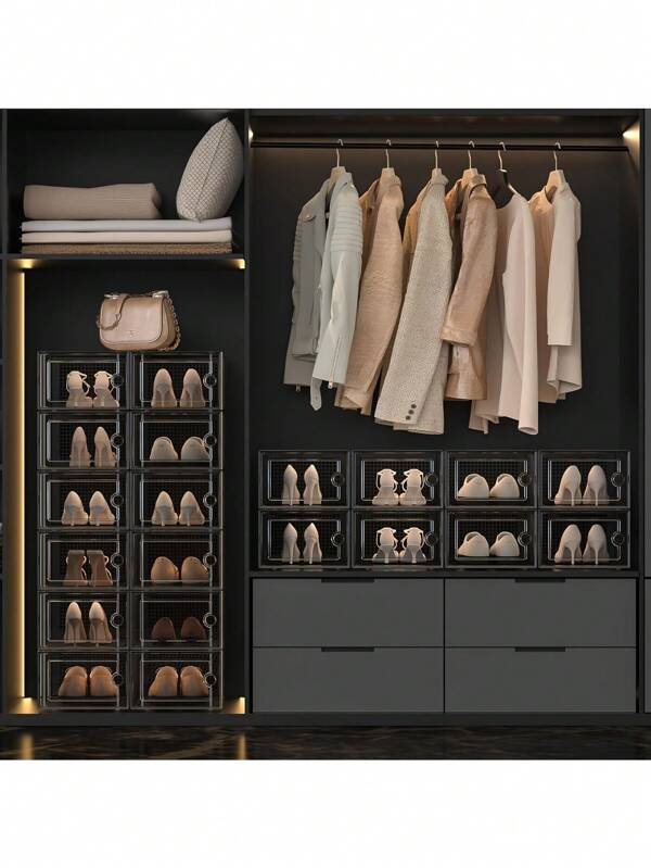 12pcs/6pcs Hard Plastic Shoe Box With Magnetic Front Door, Transparent Stackable Shoe Box, Sneaker Storage Wardrobe, Shoe Cabinet, Suitable For Home Storage, Beautiful Decoration