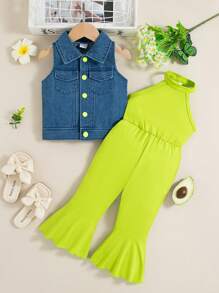 Conjunto de moda primavera/verano para niñas con chaleco vaquero y mono verde con tirantes, conjunto elegante para fiesta/viaje