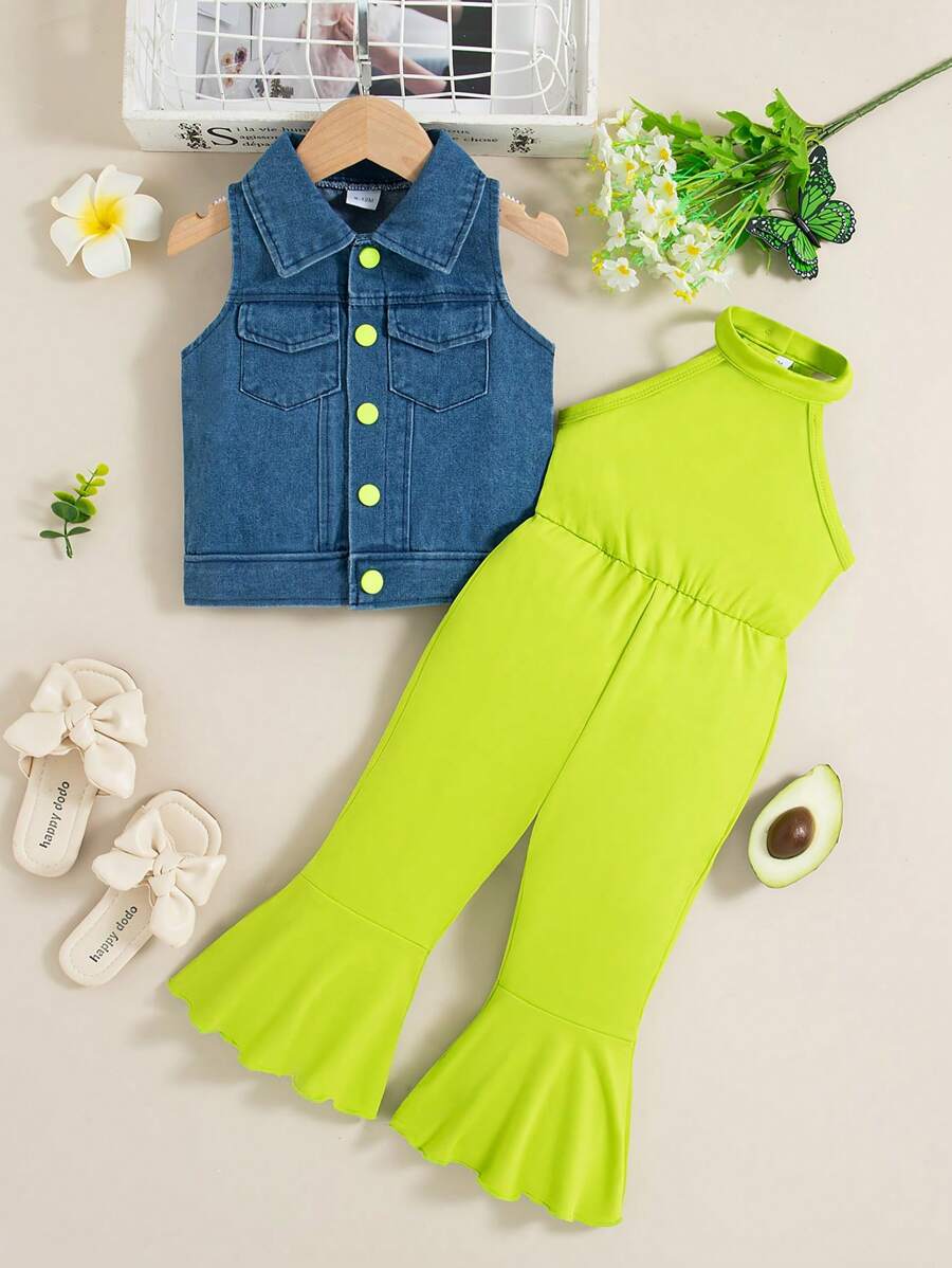 Conjunto de moda primavera/verano para niñas con chaleco vaquero y mono verde con tirantes, conjunto elegante para fiesta/viaje