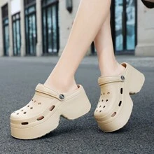 Sandalias de plataforma de moda para mujer, cuñas de tacón grueso, zapatillas deslizantes transpirables y con hueco, estilo callejero, para verano - Caqui - Ver 8