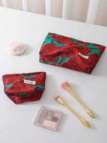 Y2K Ästhetik Grün Land Rote Blume Muster Premium Kosmetiktasche mit Metallreißverschluss, Reise Kosmetiktasche Aufbewahrungsbox, Kosmetiktasche, Kulturbeuteltasche, Reiseverpackung, Reiseutensilien, Schlafsaal-Utensilien, Hochzeits-Brautjungferngeschenke, Muttertagsgeschenke, Geburtstagsgeschenke, Geschenke für Freunde und Lehrer